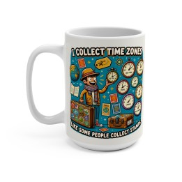 Mug 15oz Ilustracion estilo cartoon retro vintage de relojes del mundo para viajeros digitales y amantes de cafe o te...