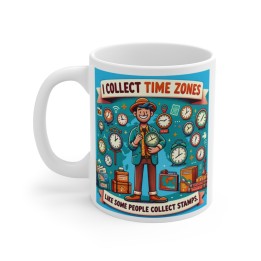 Mug 11oz - Ilustracion retro-moderna para viajeros: reloj central, mapa mundial y coleccion de zonas horarias - mockup