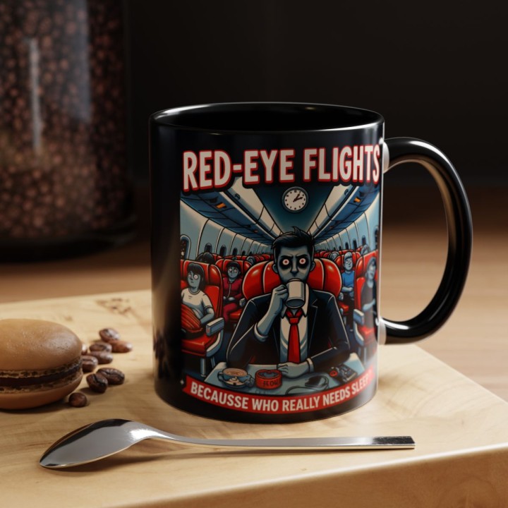 Accent Coffee Mug Retro Night Flight Cartoon 11 oz 15 oz C-handle Glossy Ceramic for Sleepy Travelers - mockup