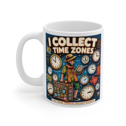 Mug 11oz - Retro cartoon explorer mug with world map, passports and time-zone clocks for digital nomads on-the-go jou...