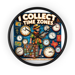 Wall Clock - Ilustracion cartoon retro de viajeros con mapas mundiales y relojes de zonas horarias - mockup