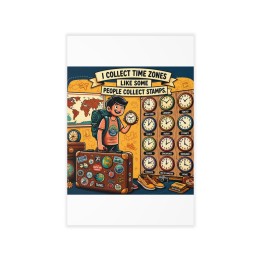 Wall Decals - Ilustracion cartoon retro-moderna de viajeros, relojes de zonas horarias y mapas del mundo - mockup