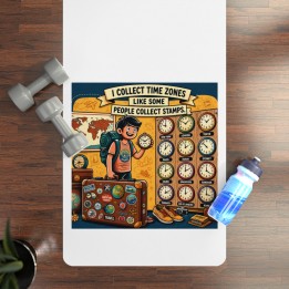 Rubber Yoga Mat - Retro-Modern Time-Zone Traveler Cartoon, Full-Edge Print Travel Design, Lightweight 24x70 - mockup